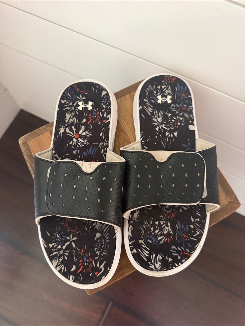 Under Armour Black Slide Sandals with Floral Footbed